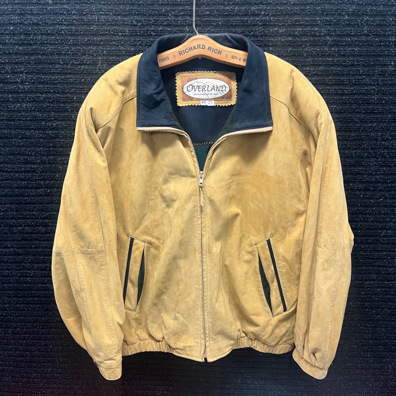 Overland Mens Tan Suede Leather Bomber Jacket Made In Usa Size 42 Full Zip Tan